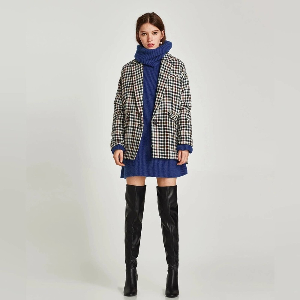 Zara Black White Tweed Checked Coat Jacket Size S-M
